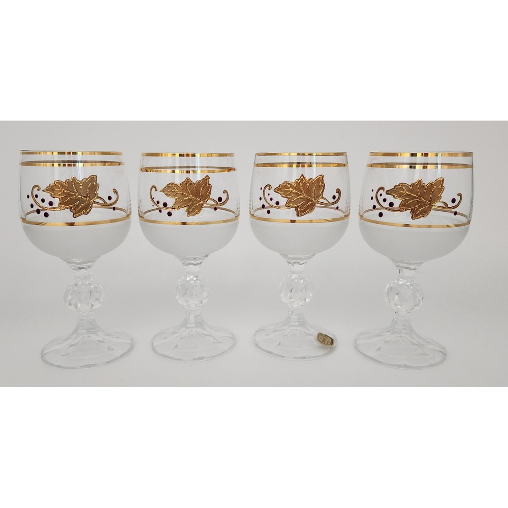 Bohemia Glass Wine Goblets Set of 4 Gold Leaf Frosted Crystal Czechoslovakia EX